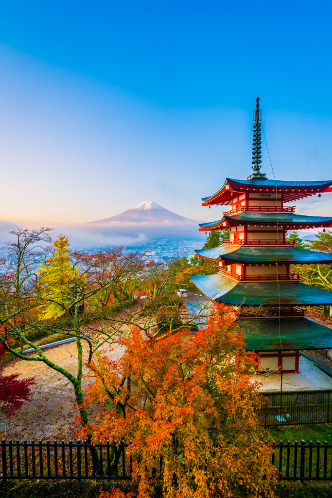 Beautiful landscape of mountain fuji with chureito pagoda around maple leaf tree in autumn season lifeforstock